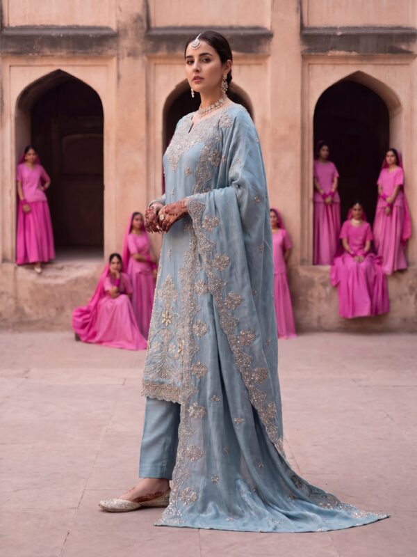 FB-314 | Dusty Blue | 3 Pcs Luxury Shesha Silk Embroidered Suit