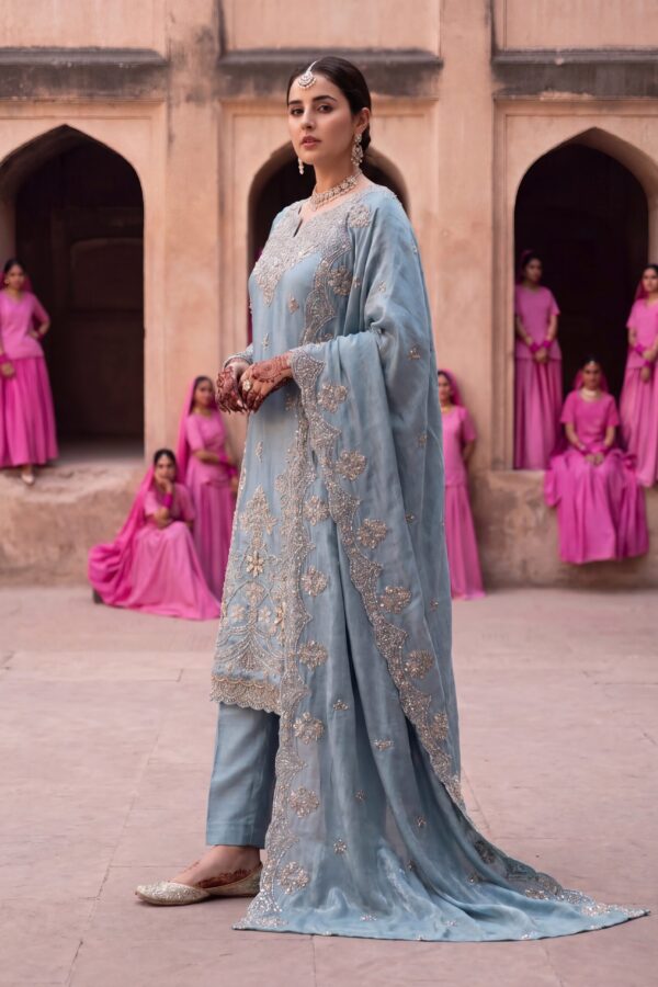 FB-314 | Dusty Blue | 3 Pcs Luxury Shesha Silk Embroidered Suit