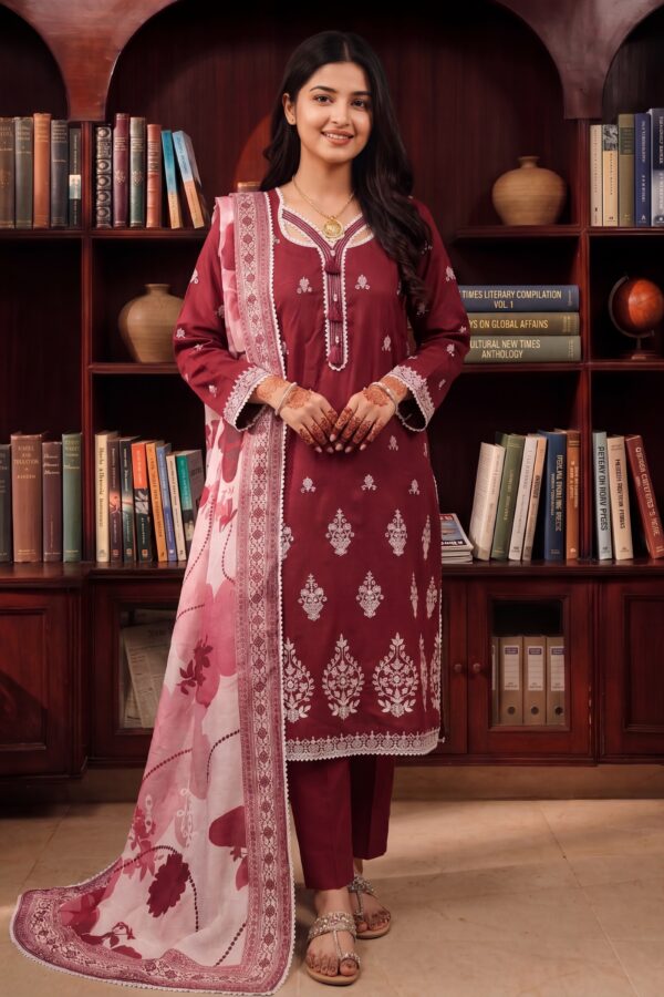 FB-348 | Royal Maroon | 3 Pcs Unstitch With Cotton Trouser