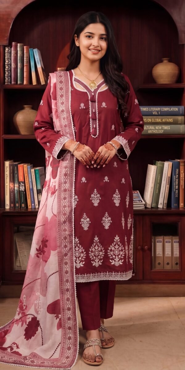 FB-348 | Royal Maroon | 3 Pcs Unstitch With Cotton Trouser