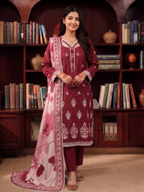 FB-348 | Royal Maroon | 3 Pcs Unstitch With Cotton Trouser