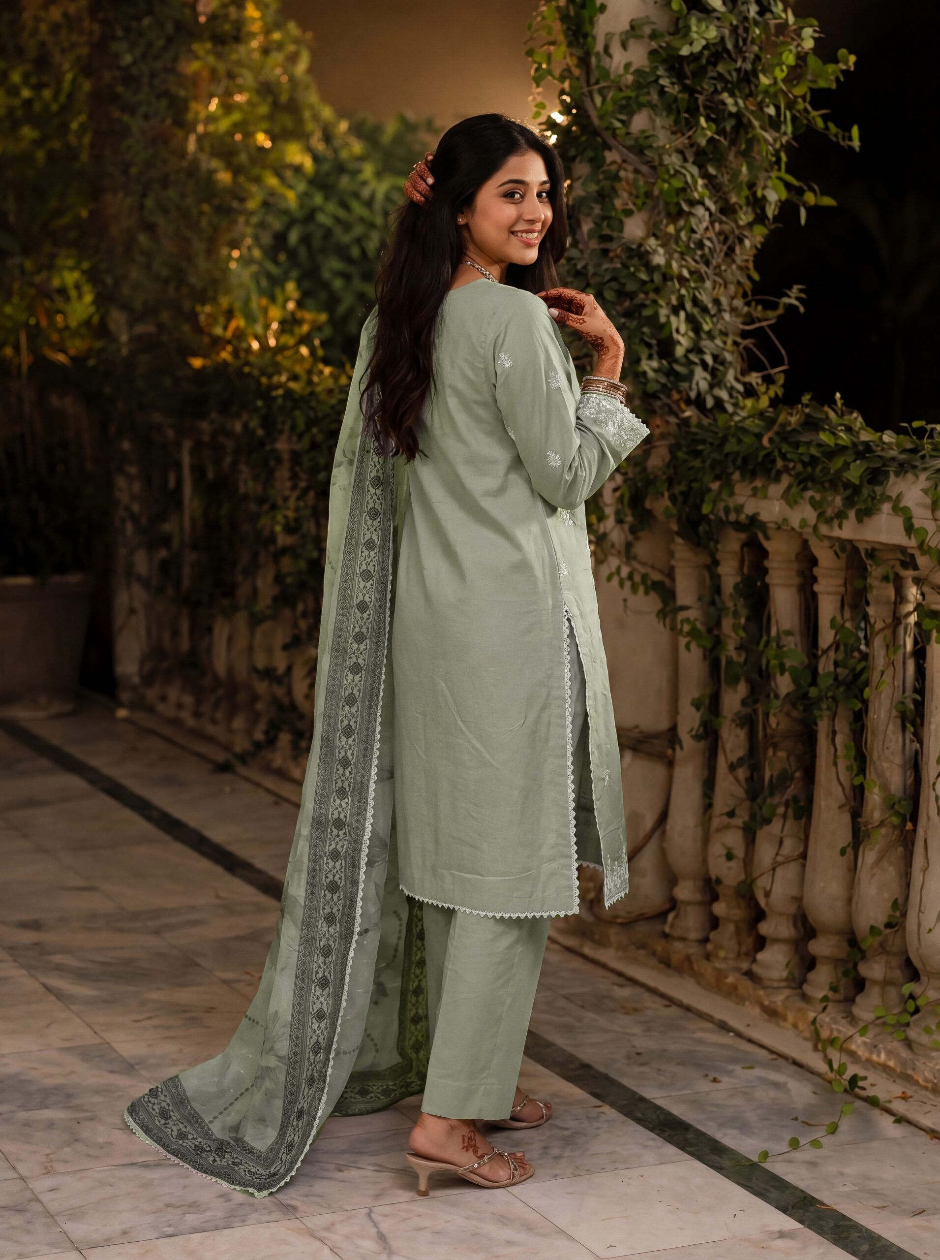 FB-352 | Opaline Green | 3 Pcs Unstitch With Cotton Trouser - Image 2