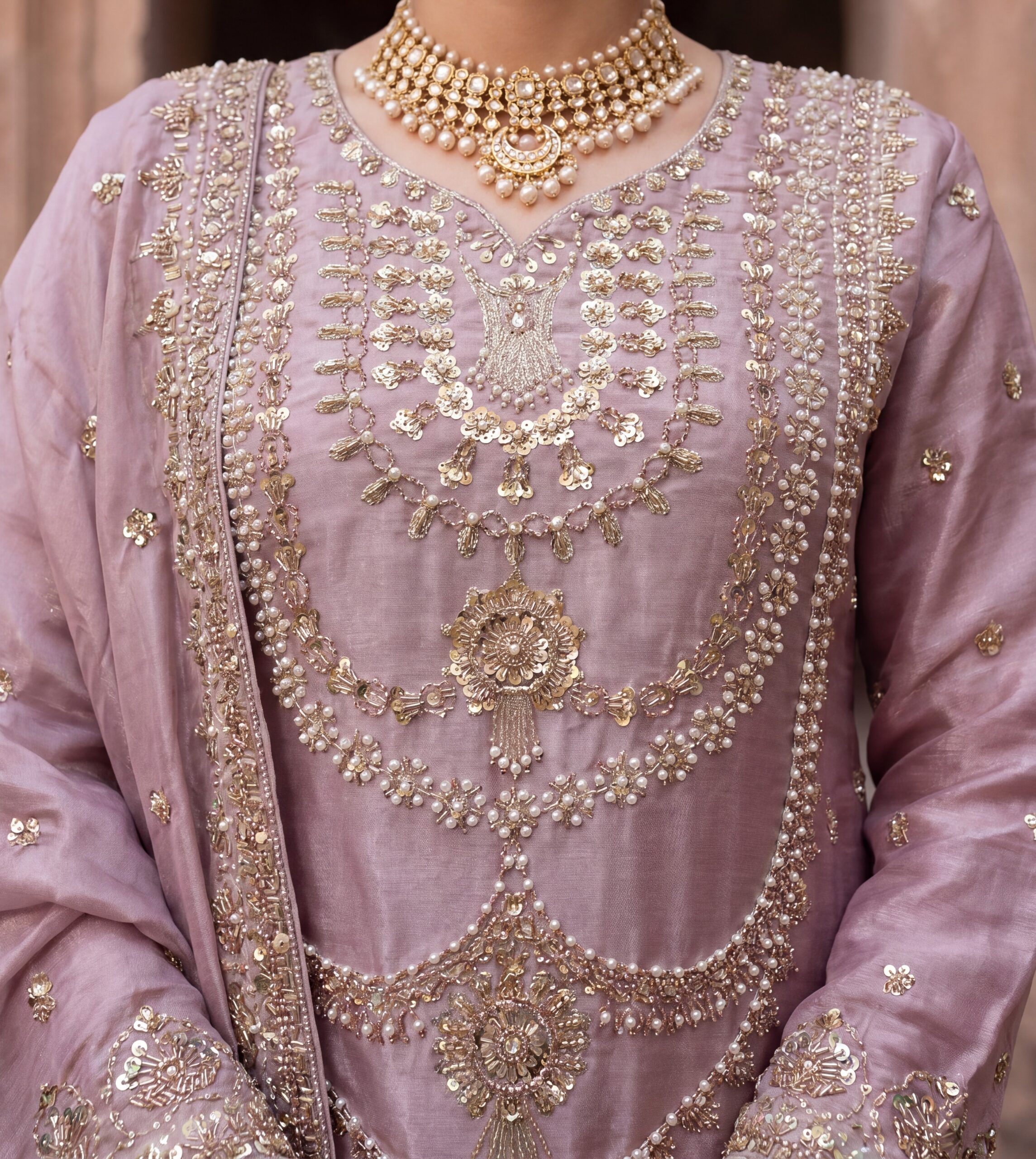 FB-316 | Rose Taupe | 3 Pcs Luxury Shesha Silk Embroidered Suit - Image 5