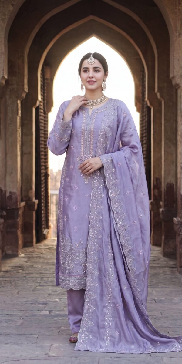 FB-272 | Mystic Purple | 3 Pcs Luxury Shesha Silk Embroidered Suit