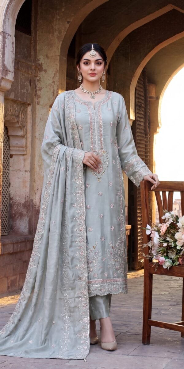 FB-272 | Mint Sage | 3 Pcs Luxury Shesha Silk Embroidered Suit