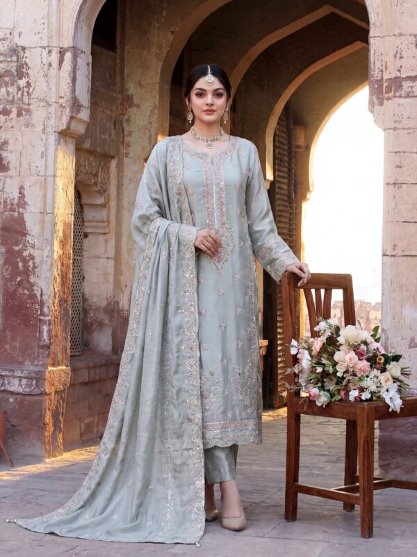FB-272 | Mint Sage | 3 Pcs Luxury Shesha Silk Embroidered Suit