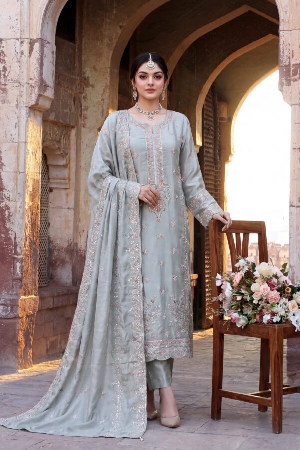 FB-272 | Mint Sage | 3 Pcs Luxury Shesha Silk Embroidered Suit