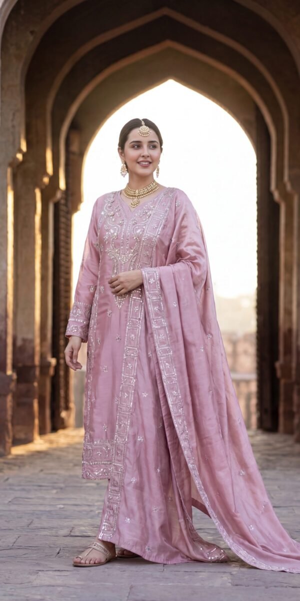 FB-273 | Antique Pink | 3 Pcs Luxury Shesha Silk Embroidered Suit