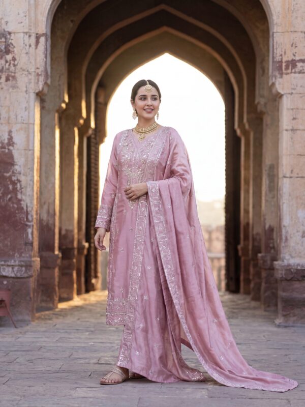 FB-273 | Antique Pink | 3 Pcs Luxury Shesha Silk Embroidered Suit
