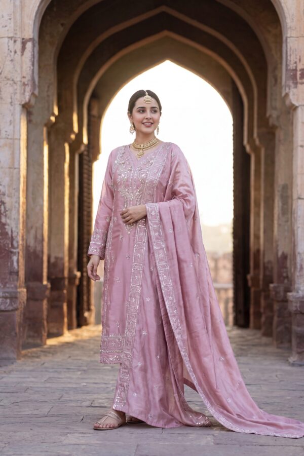 FB-273 | Antique Pink | 3 Pcs Luxury Shesha Silk Embroidered Suit