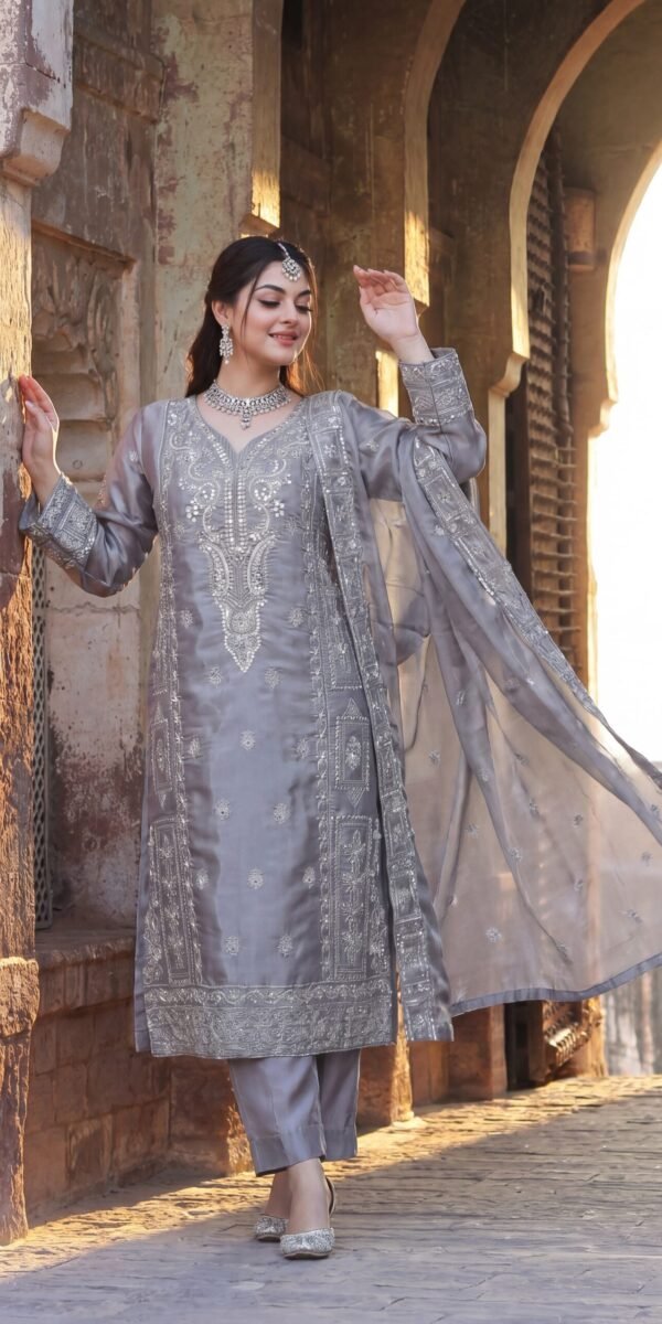 FB-273 | Dove Grey | 3 Pcs Luxury Shesha Silk Embroidered Suit