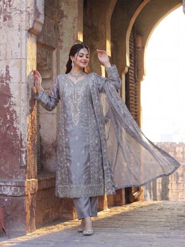FB-273 | Dove Grey | 3 Pcs Luxury Shesha Silk Embroidered Suit