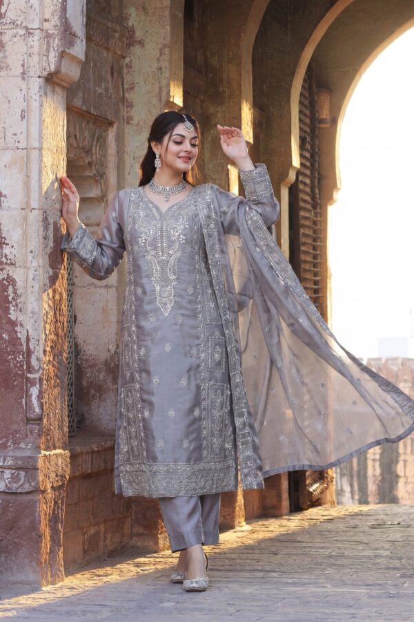 FB-273 | Dove Grey | 3 Pcs Luxury Shesha Silk Embroidered Suit