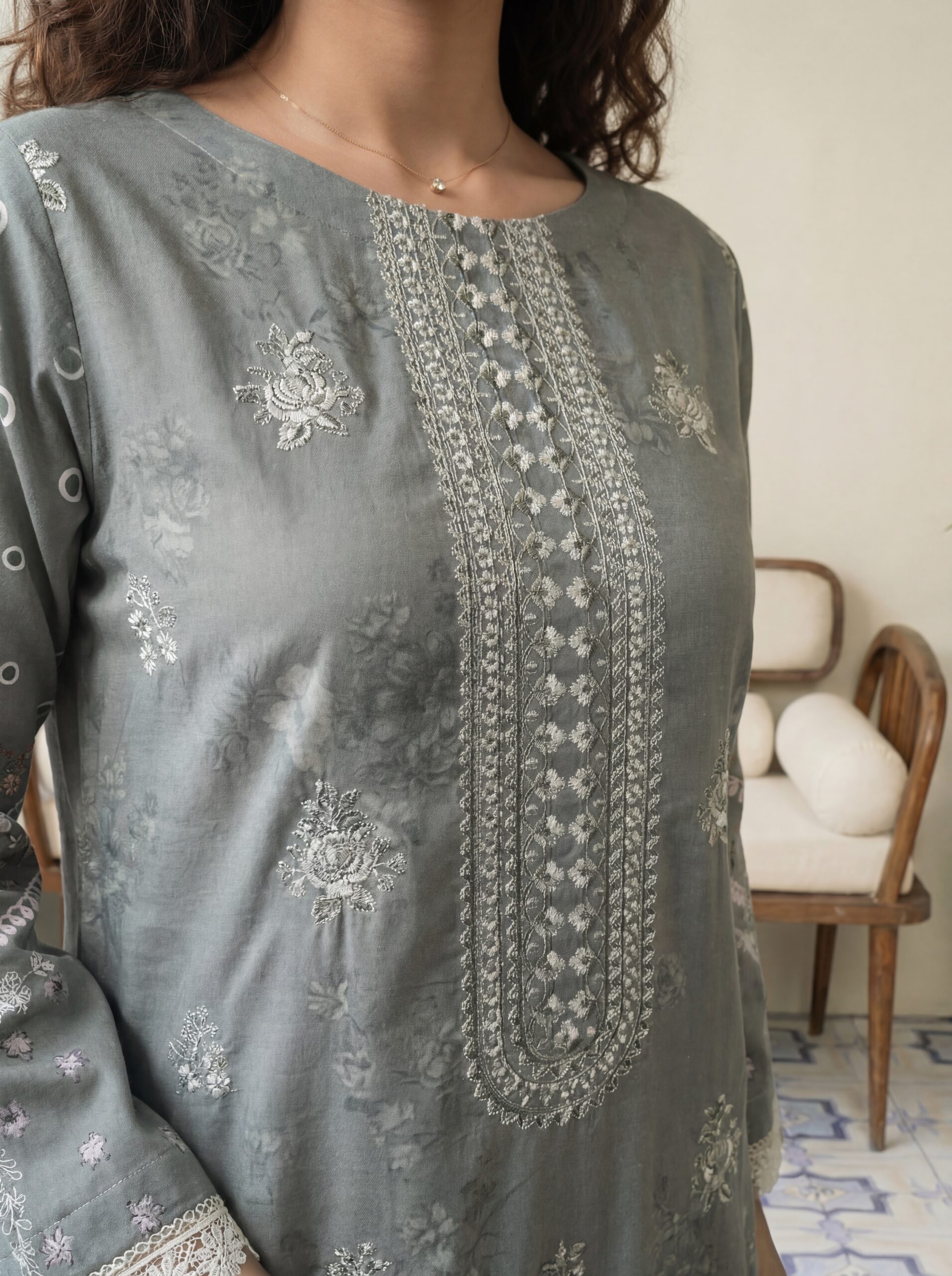 FB-292 | Moss Grey | 3 Pcs Unstitch With Cotton Trouser - Image 4