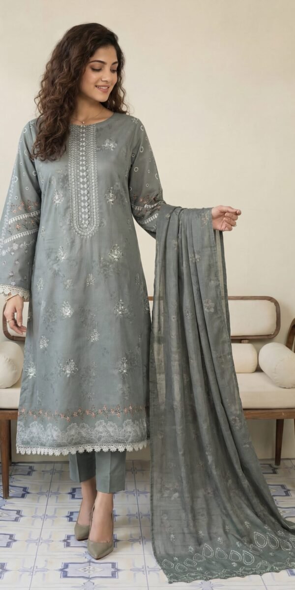 FB-292 | Moss Grey | 3 Pcs Unstitch With Cotton Trouser