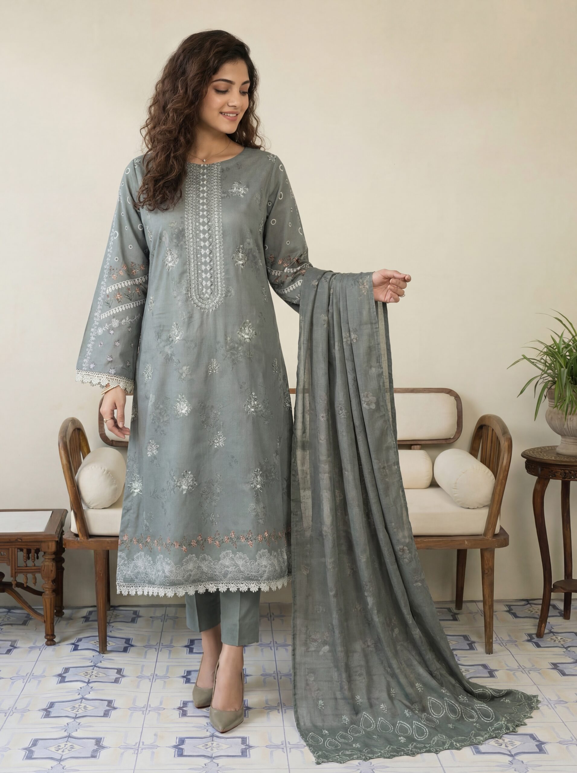 FB-292 | Moss Grey | 3 Pcs Unstitch With Cotton Trouser