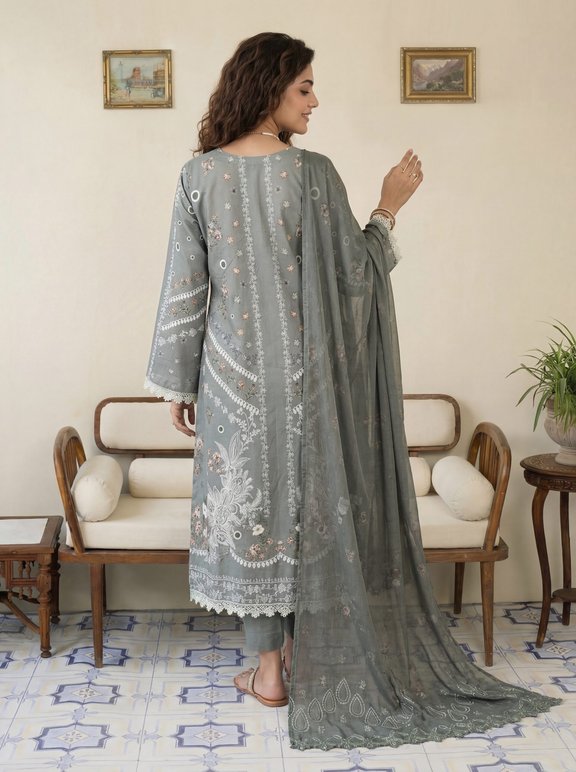 FB-292 | Moss Grey | 3 Pcs Unstitch With Cotton Trouser - Image 2
