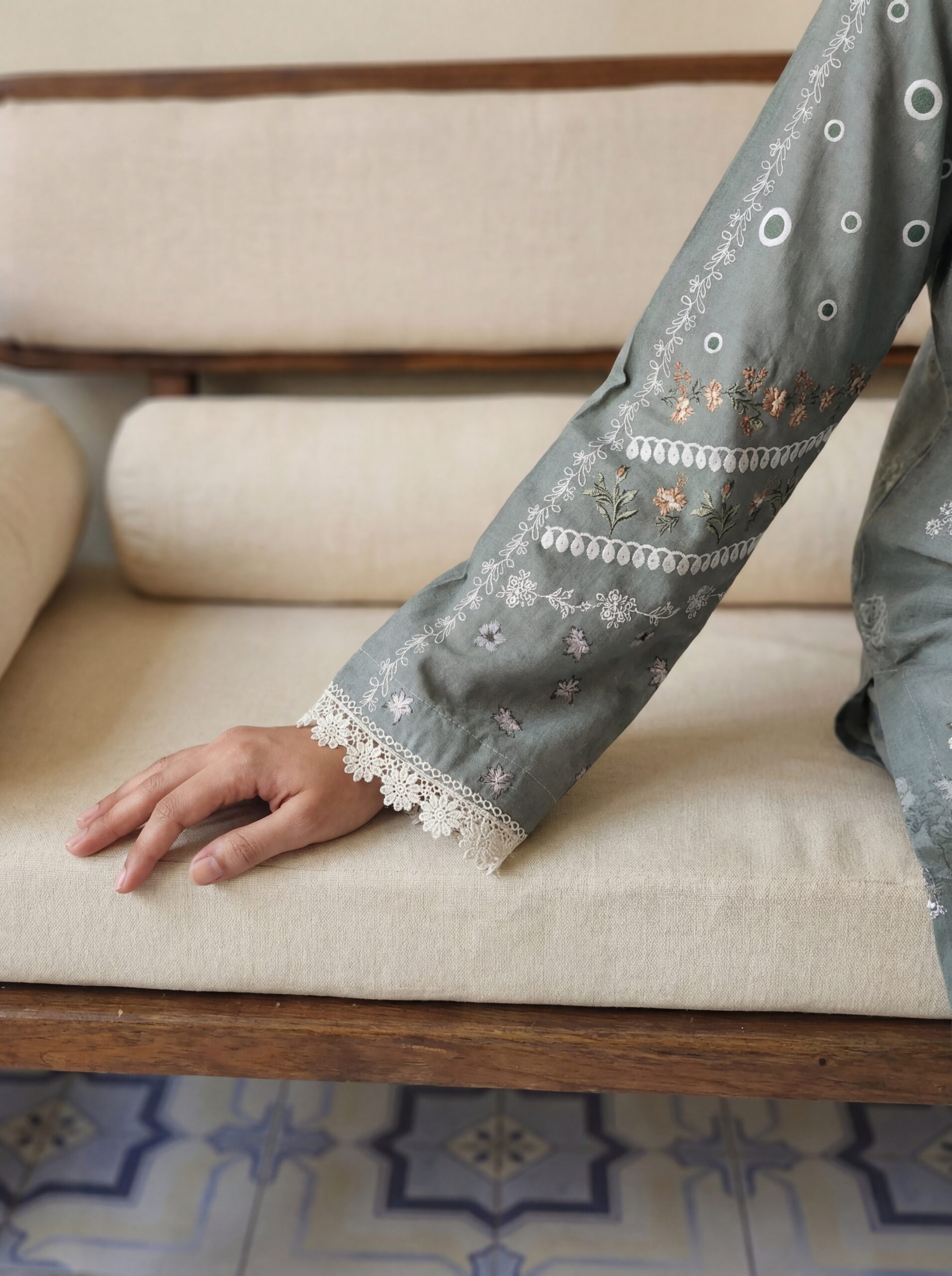 FB-292 | Moss Grey | 3 Pcs Unstitch With Cotton Trouser - Image 3