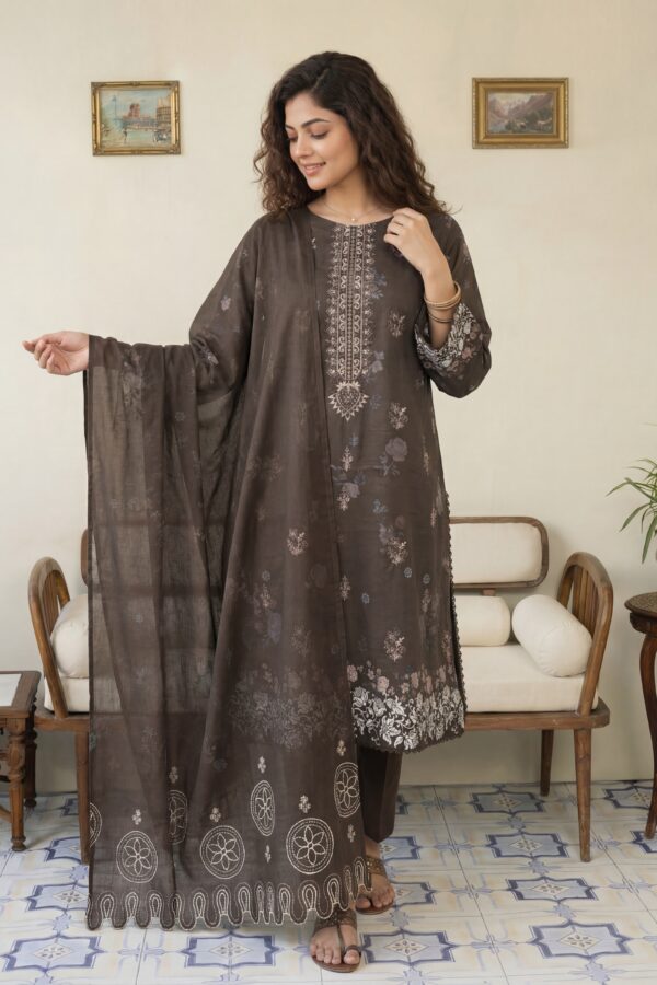 FB-293 | Dark Mocha Floral | 3 Pcs Unstitch With Cotton Trouser