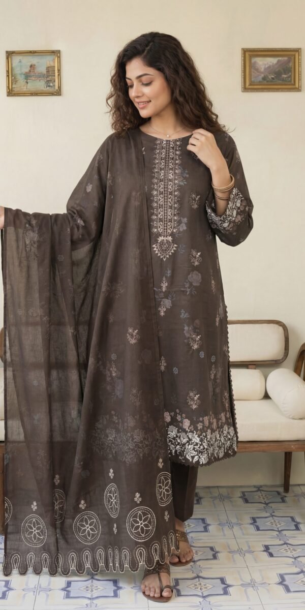 FB-293 | Dark Mocha Floral | 3 Pcs Unstitch With Cotton Trouser