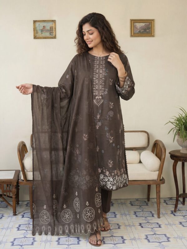 FB-293 | Dark Mocha Floral | 3 Pcs Unstitch With Cotton Trouser