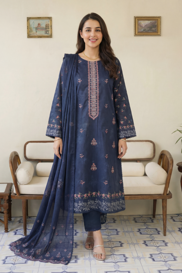 FB-294 | Blue Velvet | 3 Pcs Unstitch With Cotton Trouser