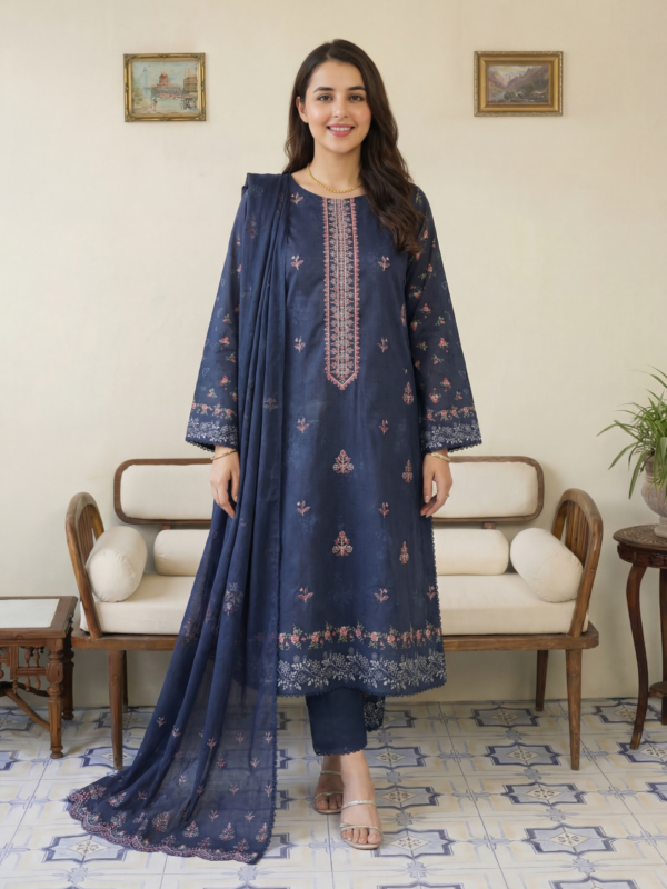 FB-294 | Blue Velvet | 3 Pcs Unstitch With Cotton Trouser