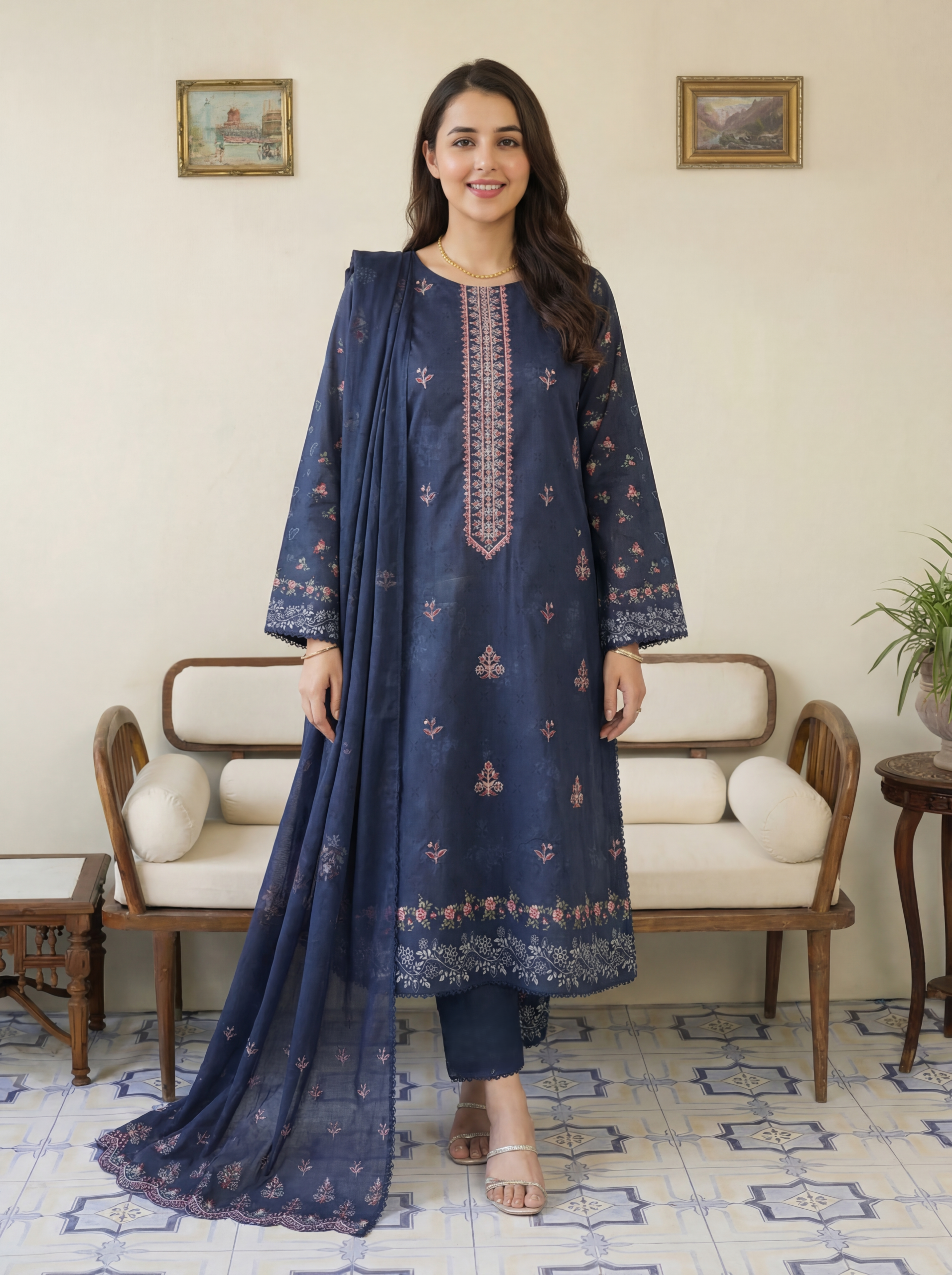 FB-294 | Blue Velvet | 3 Pcs Unstitch With Cotton Trouser