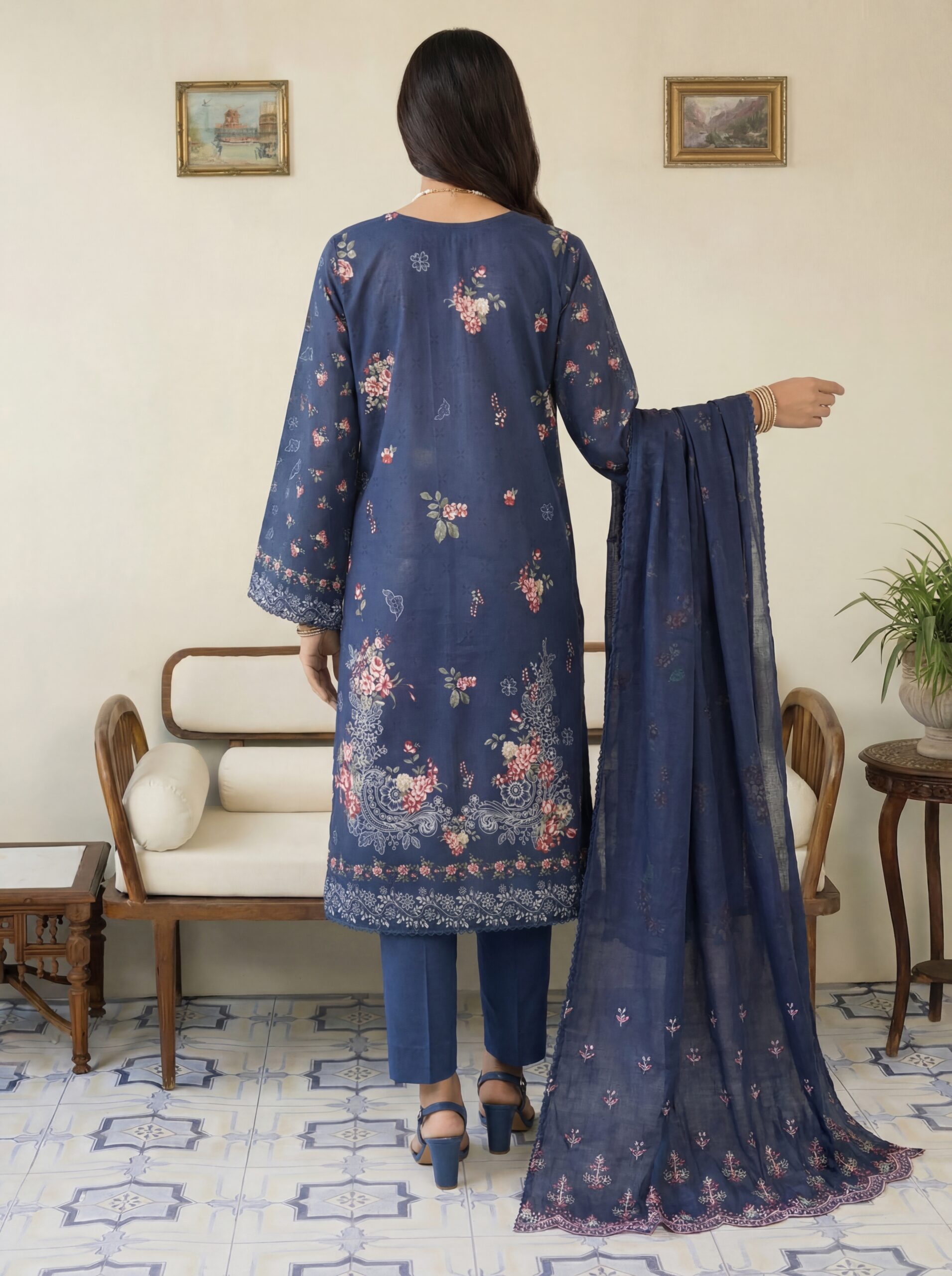 FB-294 | Blue Velvet | 3 Pcs Unstitch With Cotton Trouser - Image 2