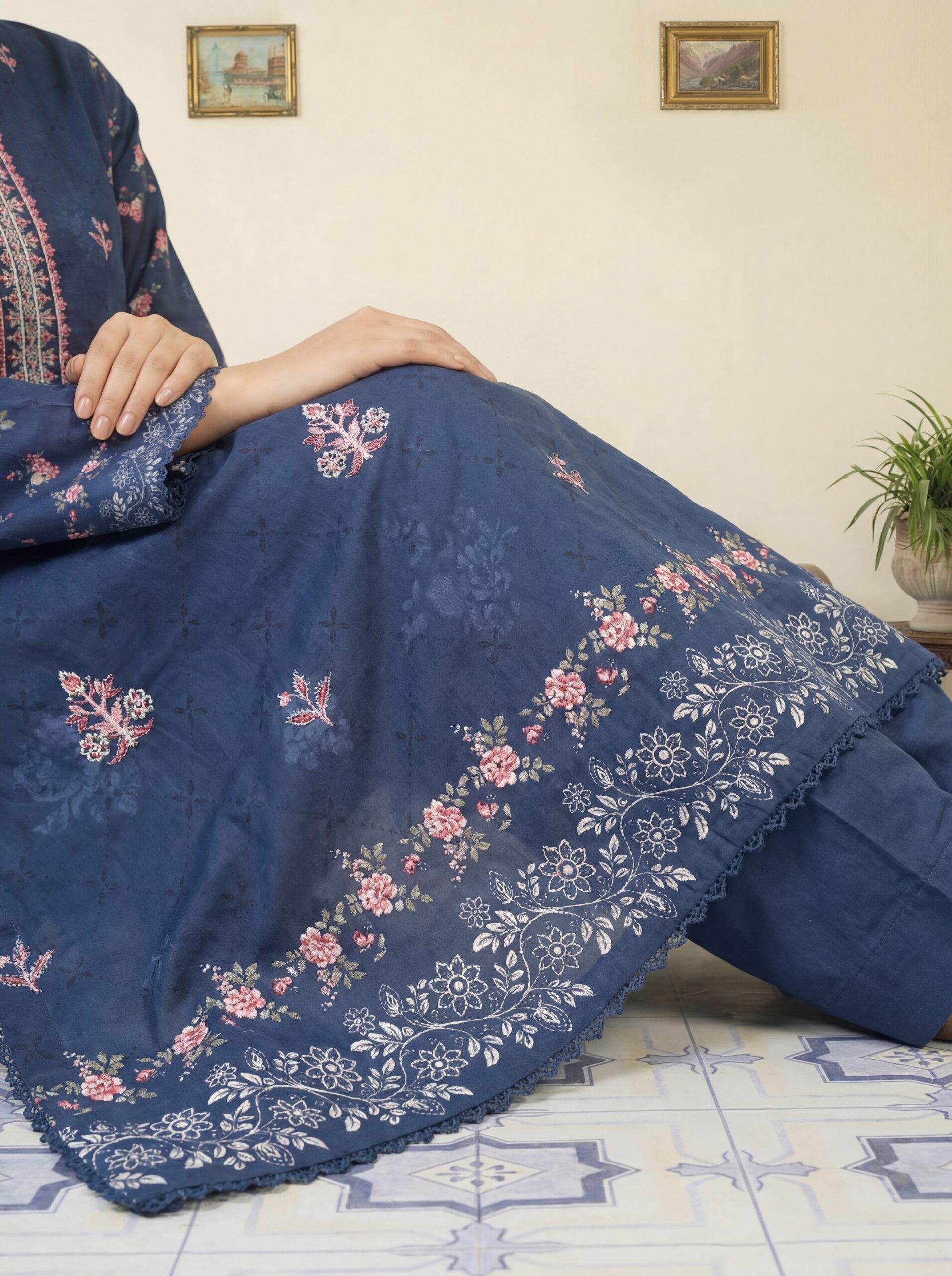 FB-294 | Blue Velvet | 3 Pcs Unstitch With Cotton Trouser - Image 4