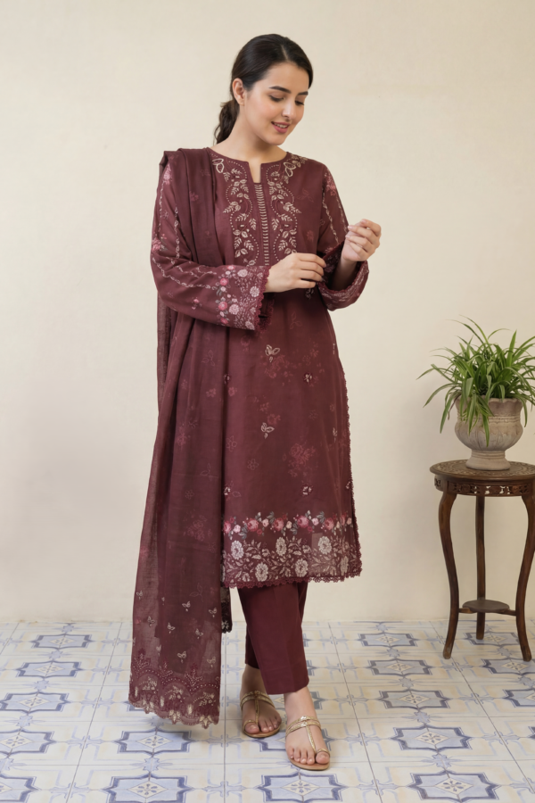 FB-295 | Deep Maroon | 3 Pcs Unstitch With Cotton Trouser