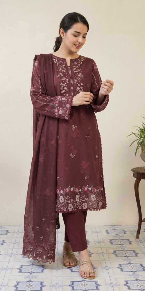 FB-295 | Deep Maroon | 3 Pcs Unstitch With Cotton Trouser