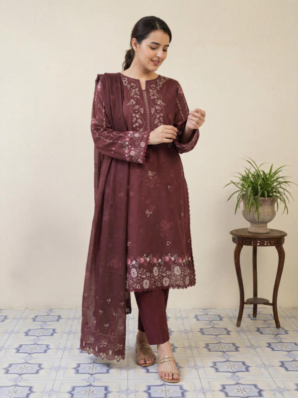 FB-295 | Deep Maroon | 3 Pcs Unstitch With Cotton Trouser