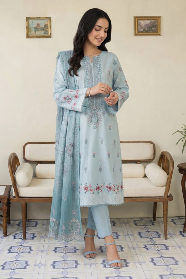 FB-296 | Powder Blue | 3 Pcs Unstitch With Cotton Trouser