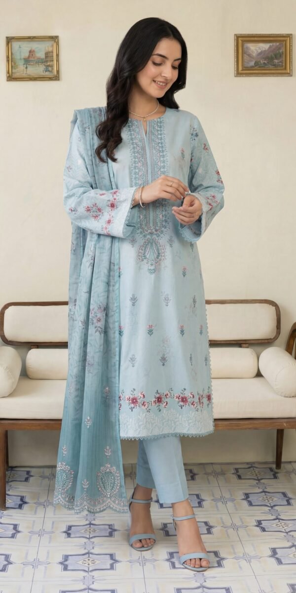 FB-296 | Powder Blue | 3 Pcs Unstitch With Cotton Trouser