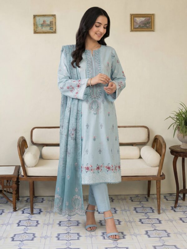 FB-296 | Powder Blue | 3 Pcs Unstitch With Cotton Trouser