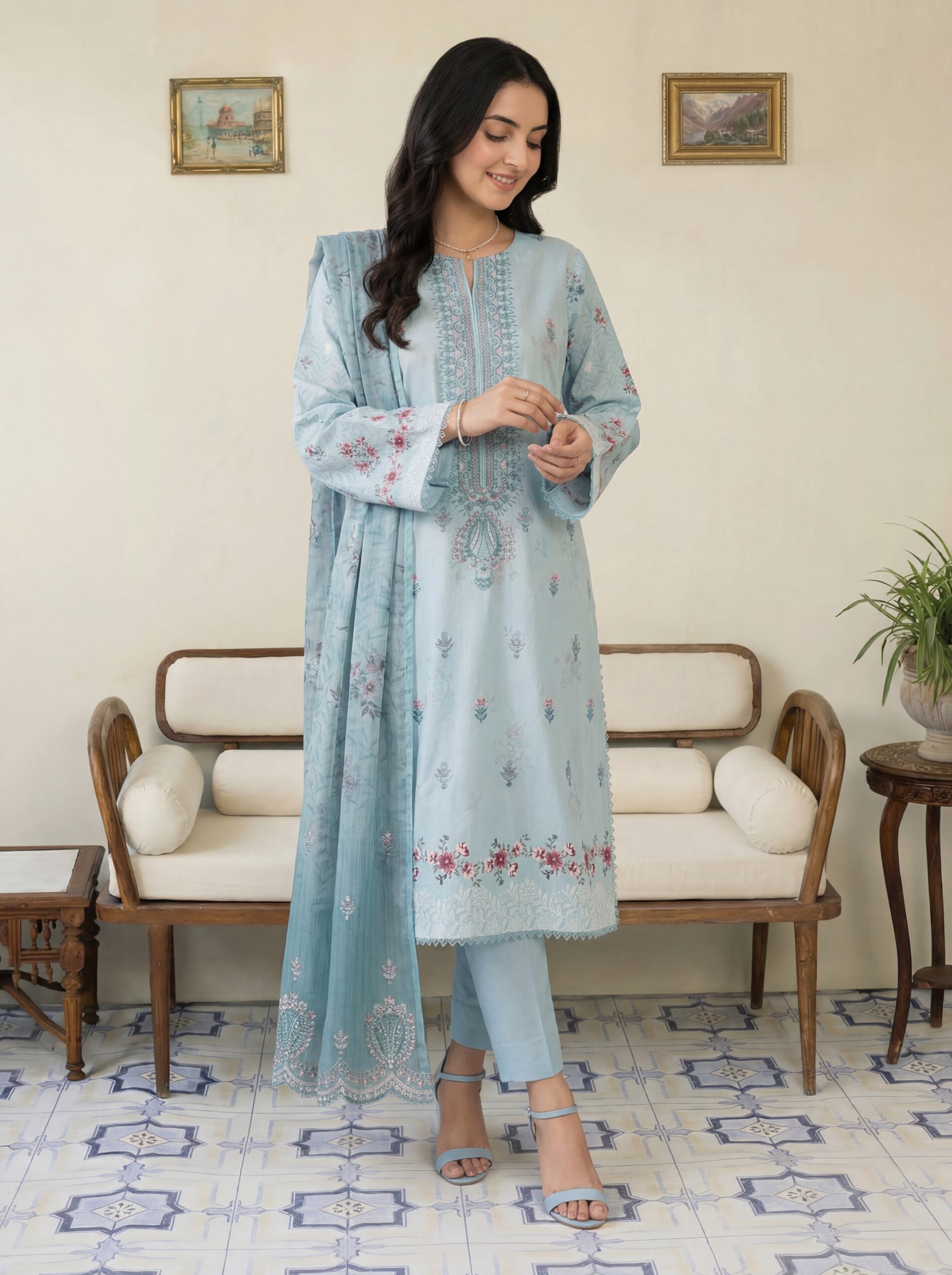 FB-296 | Powder Blue | 3 Pcs Unstitch With Cotton Trouser