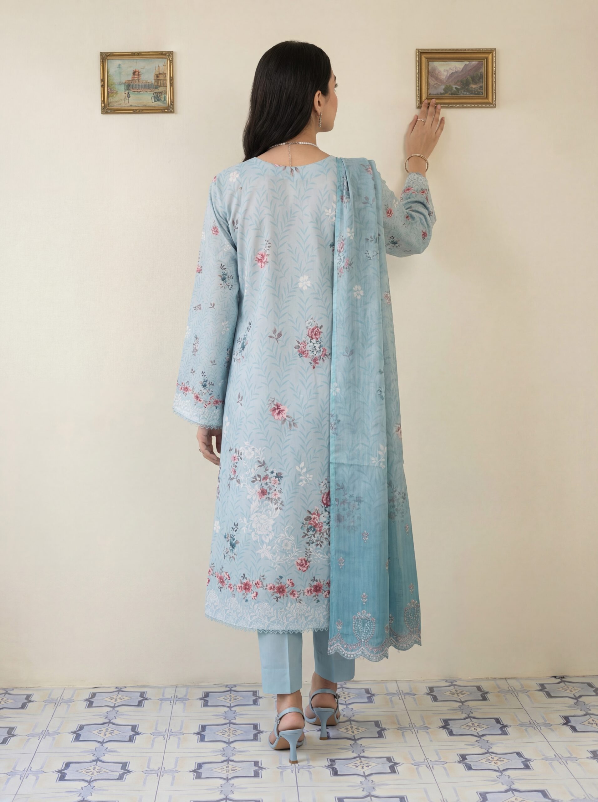 FB-296 | Powder Blue | 3 Pcs Unstitch With Cotton Trouser - Image 2