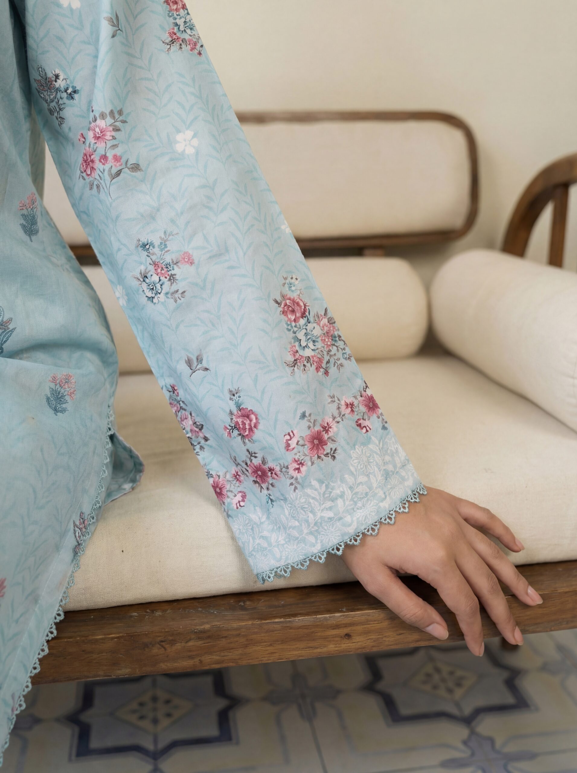 FB-296 | Powder Blue | 3 Pcs Unstitch With Cotton Trouser - Image 3