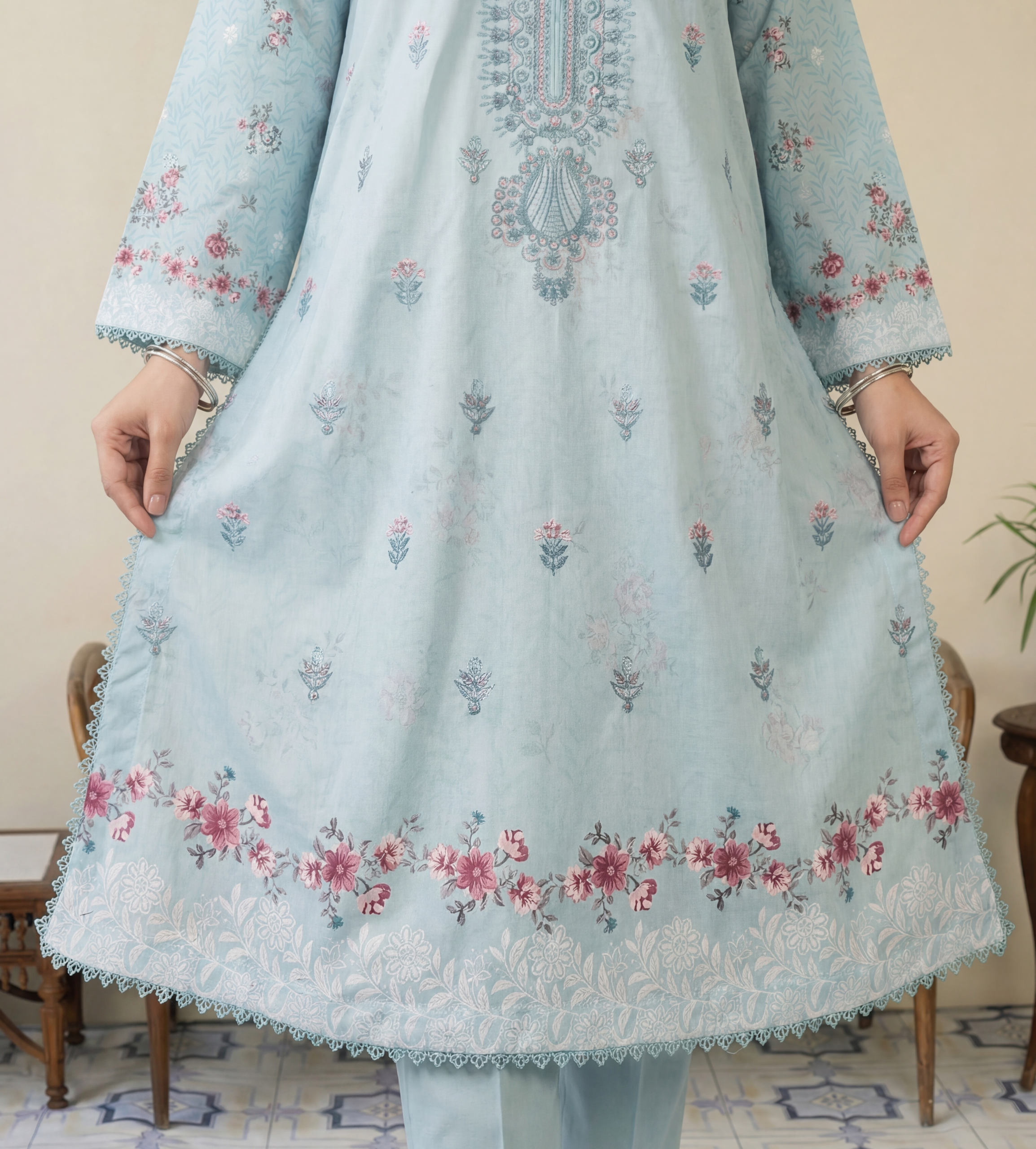 FB-296 | Powder Blue | 3 Pcs Unstitch With Cotton Trouser - Image 4