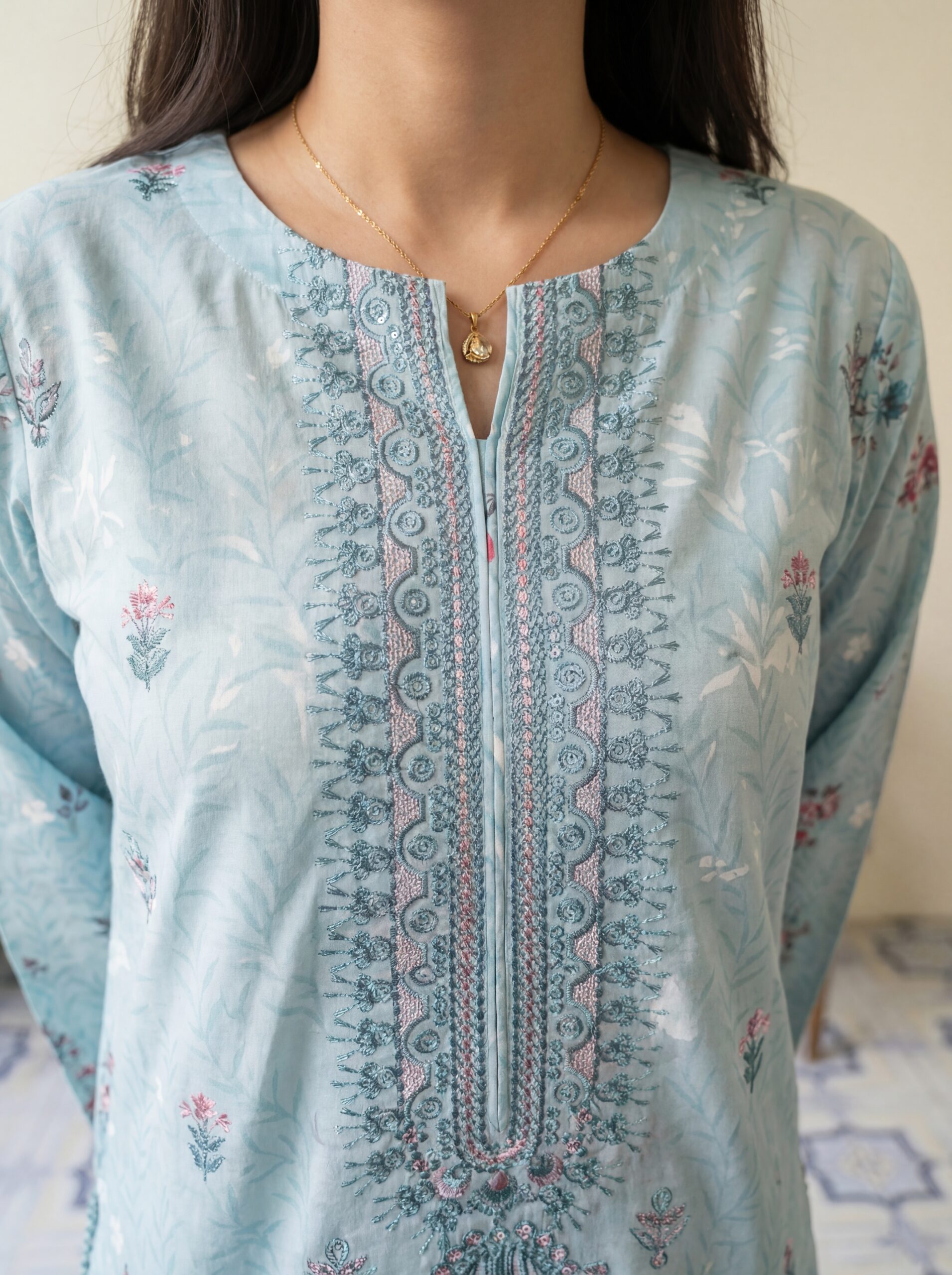FB-296 | Powder Blue | 3 Pcs Unstitch With Cotton Trouser - Image 5