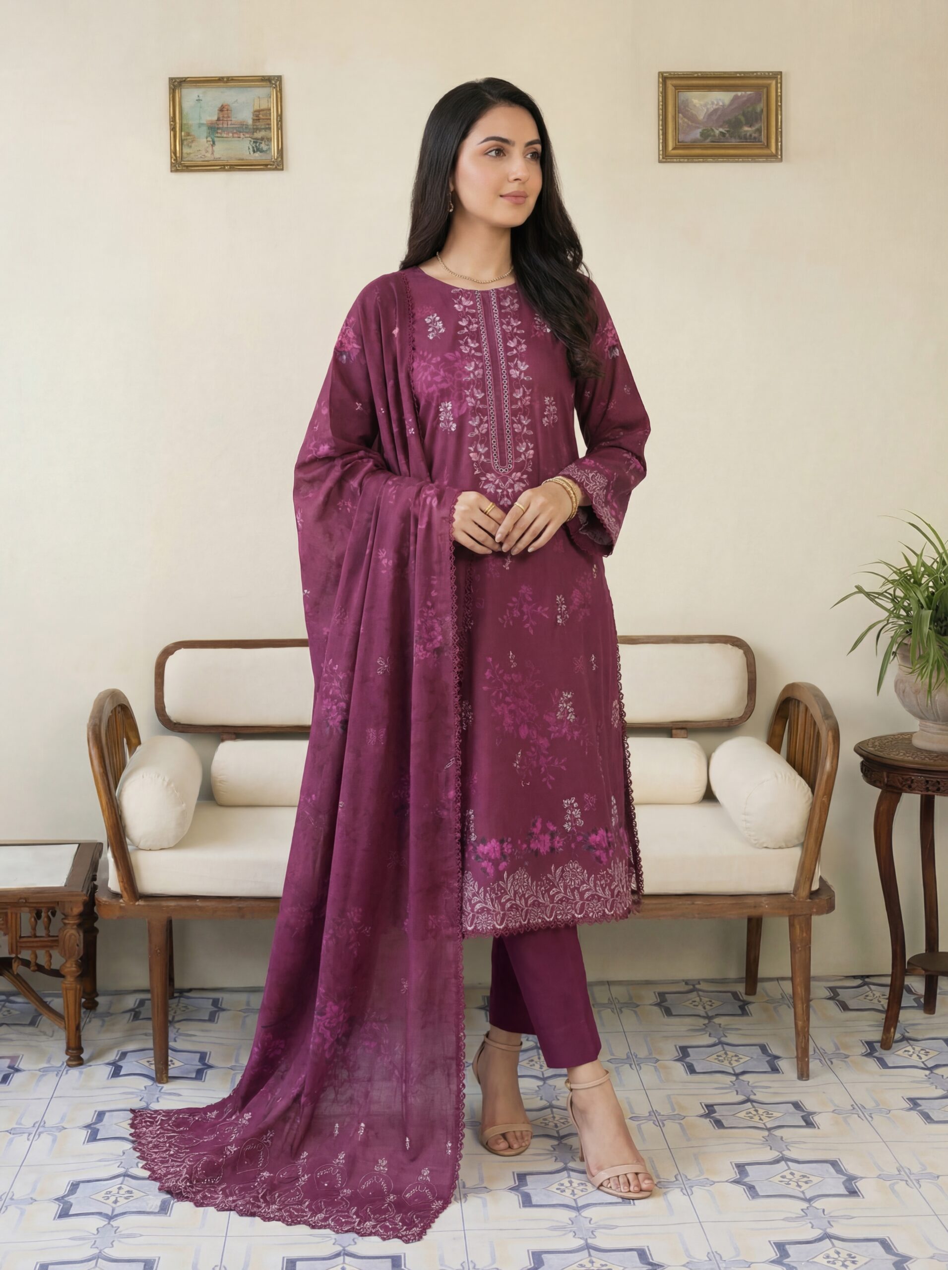 FB-298 | Royal Berry | 3 Pcs Unstitch With Cotton Trouser