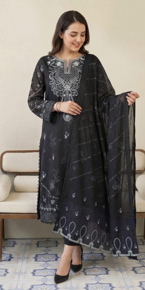 FB-299 | Moonlit Black | 3 Pcs Unstitch With Cotton Trouser