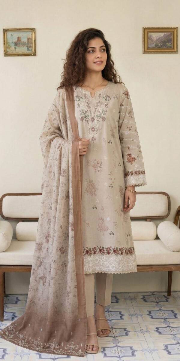 FB-301 | Desert Sand | 3 Pcs Unstitch With Cotton Trouser