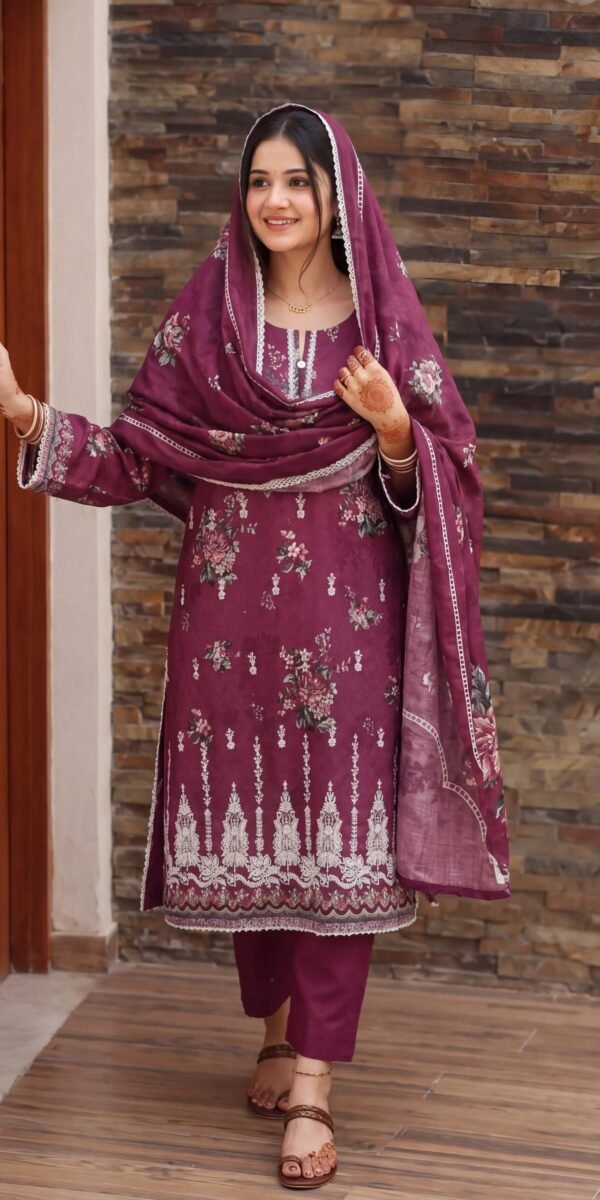FB-335 | Maroon Orchid | 3 Pcs Unstitch With Cotton Trouser