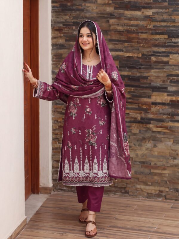 FB-335 | Maroon Orchid | 3 Pcs Unstitch With Cotton Trouser