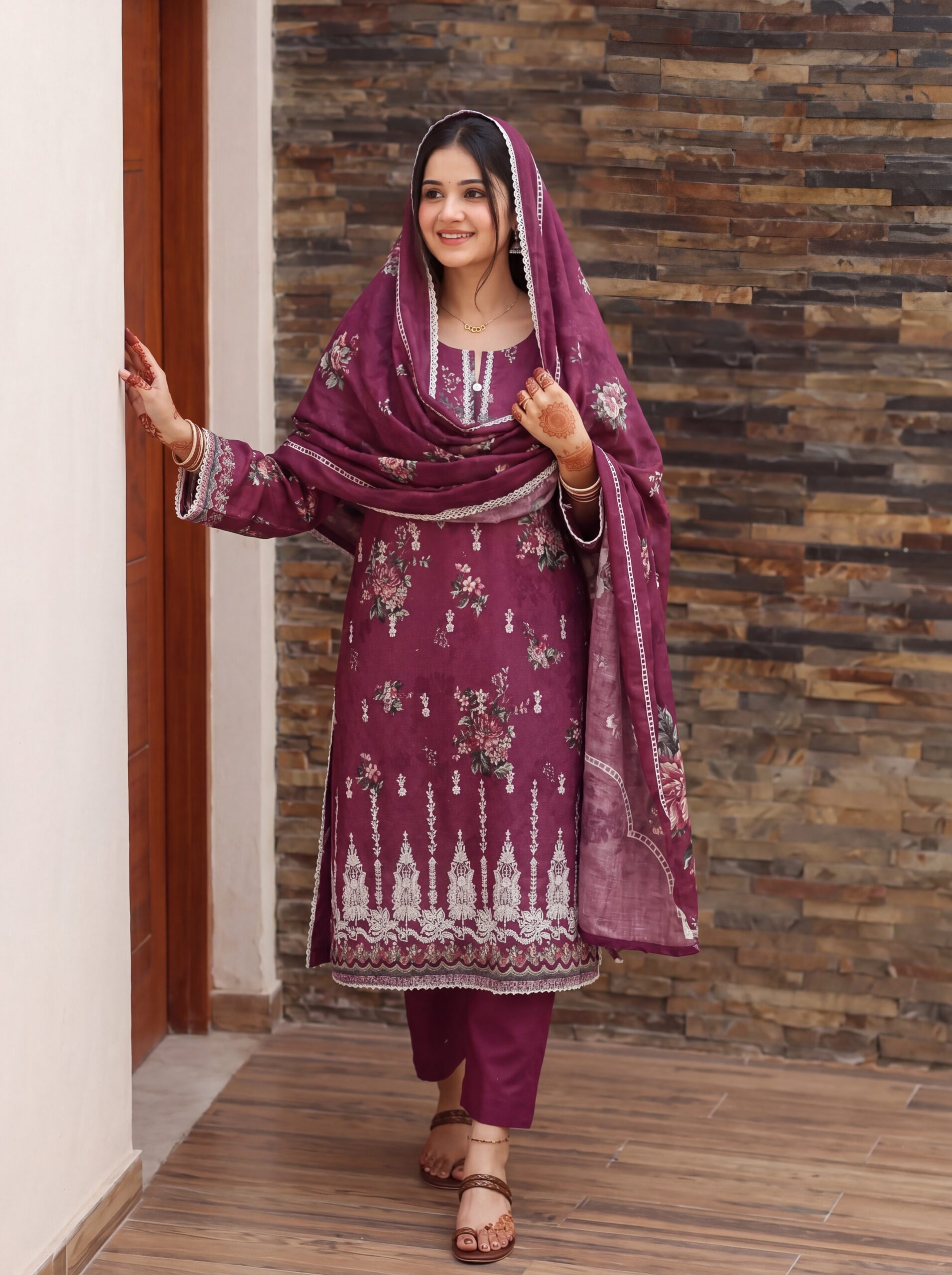 FB-335 | Maroon Orchid | 3 Pcs Unstitch With Cotton Trouser