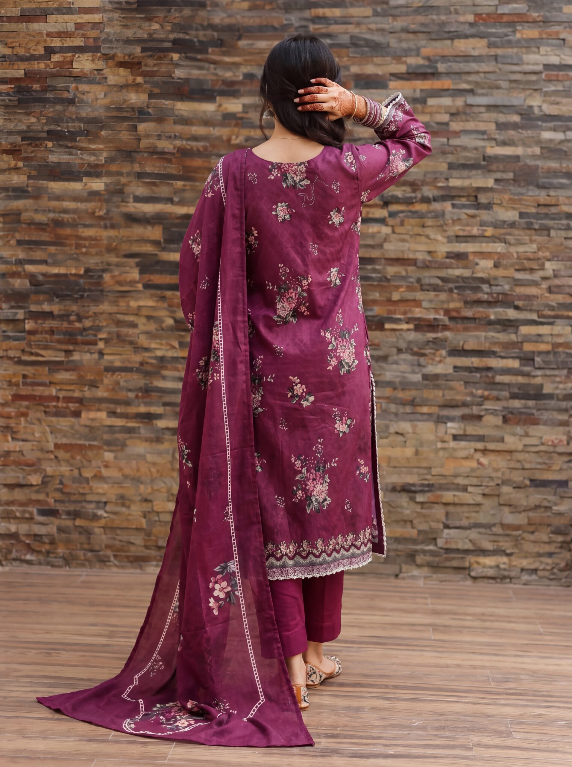 FB-335 | Maroon Orchid | 3 Pcs Unstitch With Cotton Trouser - Image 2