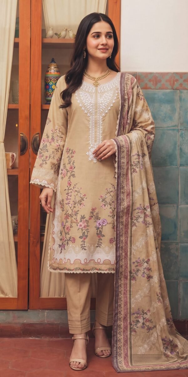 FB-335 | Biscuit Beige | 3 Pcs Unstitch With Cotton Trouser