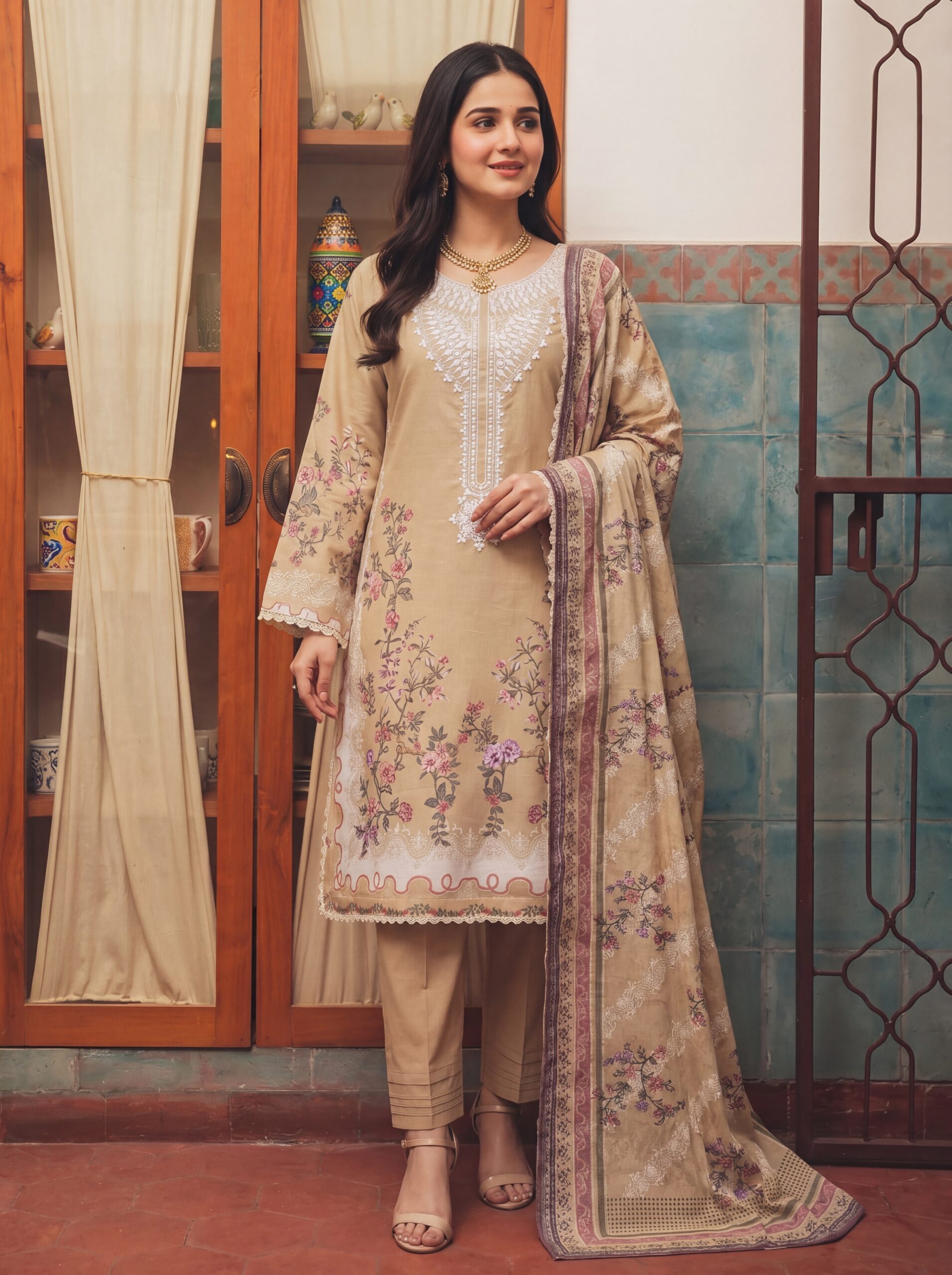 FB-335 | Biscuit Beige | 3 Pcs Unstitch With Cotton Trouser